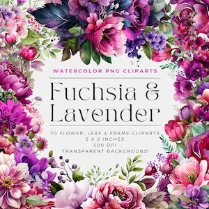 Watercolor fuchsia and lavender flower clipart set with multiple bouquet elements