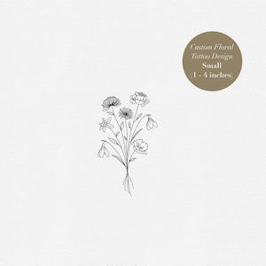 Small floral tattoo drawing: fine-line bouquet of flowers and stems in black