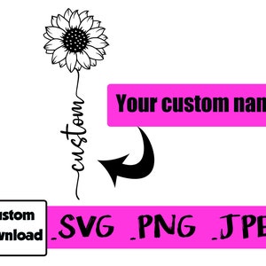 Sunflower tattoo design with connected cursive handwritten name on stem