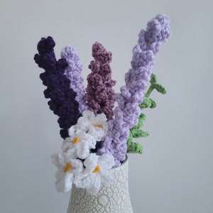 Lavender crochet pattern instructions with textured flower shapes in assorted shades