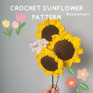 Crochet sunflower flowers pattern: yellow petals, dark brown centers, on stems