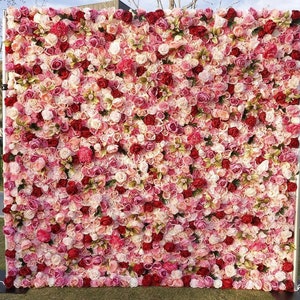 Pink rose floral wall backdrop panel with dense pink and red blossoms