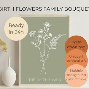 Minimalist line art birth flower family bouquet print, white floral stems and blossoms