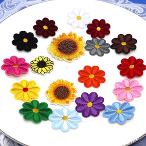 Colorful iron-on flower patches set with assorted stitched designs