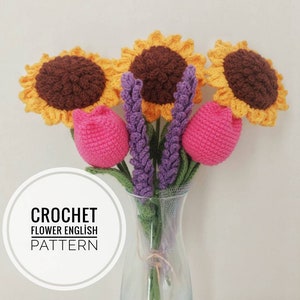 Crochet flower bouquet pattern featuring pink tulips, purple stems, and sunflower blooms in a vase