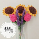 Crochet flower bouquet pattern, Mixed Flower pattern,  Amigurumi sunflower and tulip pattern, Knitted Tulip and lavender