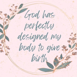 Christian birth affirmation card with floral wreath and teal quote text