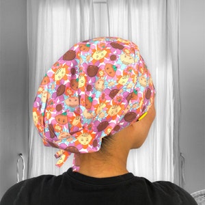 Women’s scrub cap with colorful character print and back tie