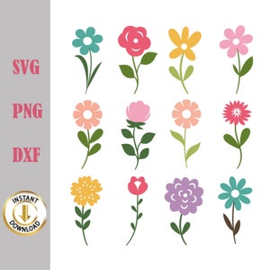 Flower with steam svg Bundle, Gardening flower icon svg, Flat flowers clipart vector svg png dxf stencil cut file silhouette cricut vinyl