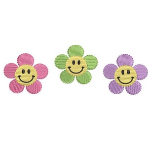 Three mini smiley flower embroidery designs: pink, green, and purple with faces