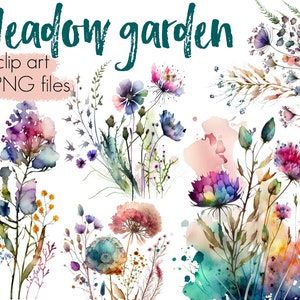 Watercolor wildflower clipart set with mixed spring flowers and leaves, assorted blooms