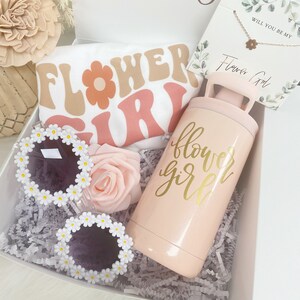 Flower girl proposal gift box- will you be my flower retro flower girl shirt- petal patrol toddler sippy cup- daisy sunglasses necklace