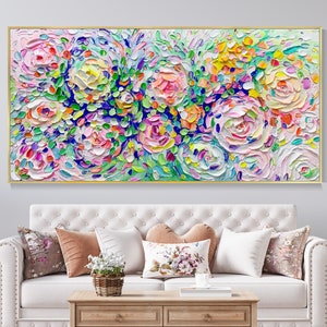 Colorful boho floral canvas wall art with textured, hand-painted rose blossoms