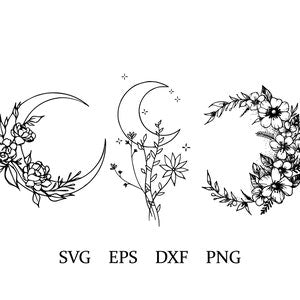 Floral moon line-art clipart set with flowers and stars, three botanical moon designs