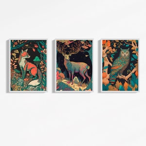 3 Piece Woodland Digital Art Prints - Fox, Deer, Owl - Wall Art, Colorful, Bold, Digital Print, Woodland Forest, Instant Delivery