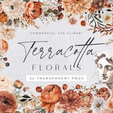 Terracotta Floral Clipart Pack, Autumn Clipart for commercial use, Orange & Brown Neutral Floral, Transparent PNGs, Wedding Botanical