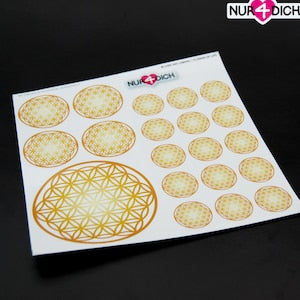 Sacred geometry Flower of Life sticker set on white sheet, gold circular designs
