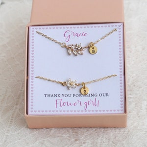 Personalized flower girl jewelry set with two chains, flower charms and initial round tags