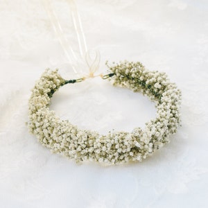 Dried baby's breath flower crown with pale white tiny blooms, wreath