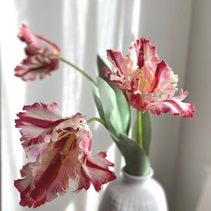 Real Touch artificial parrot tulip stem, red and pink frilled blossoms with green leaves in vase