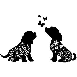Floral dog silhouette SVG with white wildflower details and butterfly accents