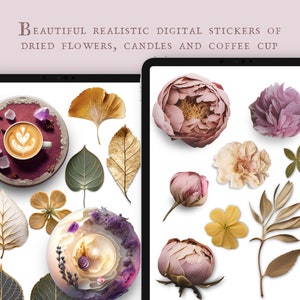 Realistic dried flower digital stickers with coffee cup, candle, leaves, and blooms