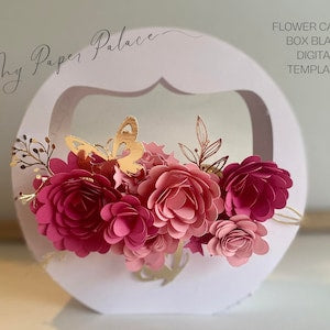 Round bouquet box SVG design: rolled pink and burgundy flowers with leaves and butterfly accents