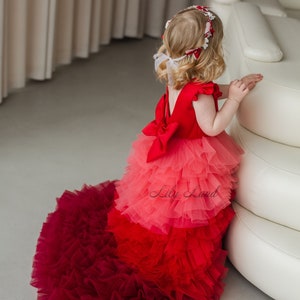 Girls' ombre red ruffle ball gown dress with layered skirt, bow straps