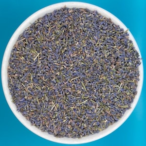 English lavender buds in bowl, dried purple flower pieces