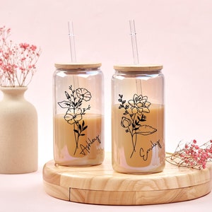 Personalized glass iced coffee tumbler with bamboo lid, floral line art and name