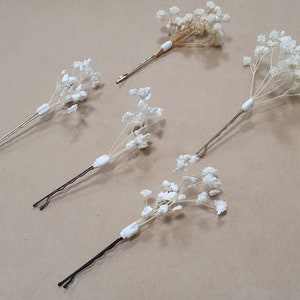 Set of white babys breath dried flower hair bobby pins with small bead details