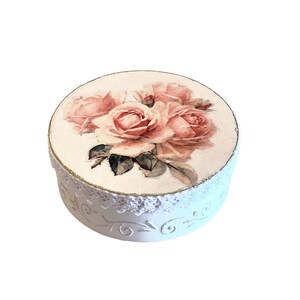 Shabby chic round wooden jewelry box with floral decoupage lid and light distressed finish
