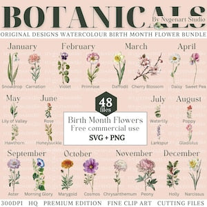 Birth month flowers SVG/PNG bundle with watercolor floral clipart for 12 months
