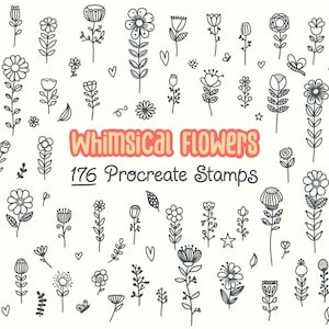Whimsical flower Procreate stamp set with 176 hand-drawn line flower icons