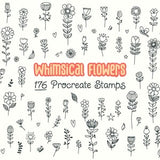 Whimsical Flower Procreate Stamps, commercial free set of over 176 individual designs cute flowers