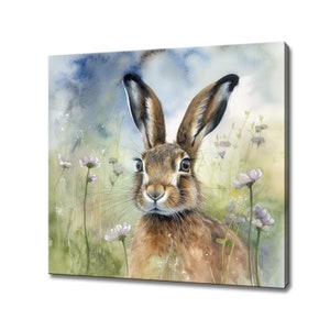 Watercolour canvas art print of a rabbit in a meadow with soft flowers
