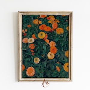 Framed vintage floral wall art print with orange blossoms on dark green background