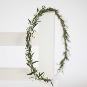 Green leafy hair wreath halo crown with small white bead accents