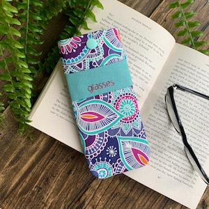Fabric glasses case with snap closure, colorful paisley flower print