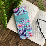 Personalised purple paisley fabric glasses case Handmade flower print snap pouch with free delivery
