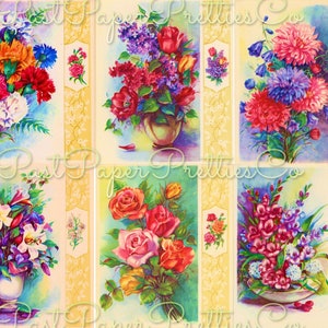 Colorful vintage flower bouquet art card collage set with 12 floral arrangements