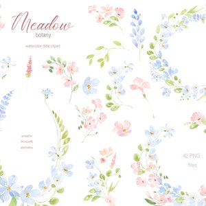 Watercolor floral clipart with tiny pink and blue flowers and green leaves on white