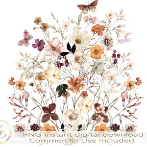 Pressed wildflower arrangement PNG with butterflies, assorted meadow florals on white