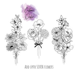 Custom family birth flower bouquet line art print with five botanical bouquets and ribbon