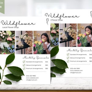 Editable florist flyer template with floral photos and green leaf accents