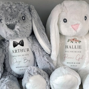 Personalized plush bunny soft toy, grey and white, embroidered name tag and bow tie