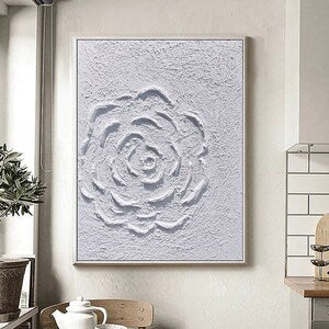 White textured flower relief canvas wall art, raised 3D petal design
