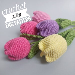 Crochet tulip flowers set in pink, purple, green and pale yellow