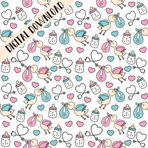 Seamless nursing baby care pattern PNG with hearts, bottles, and strollers