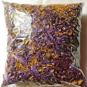 Sun-dried blue lotus flowers, crushed and whole, in clear bag
